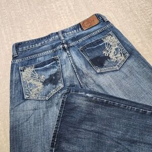 Vintage Helix Jeans Mens 34x32 Y2K Baggy Bootcut Eagle Embroidered Cotton Blue